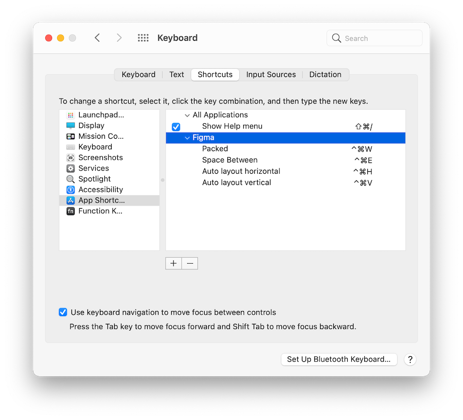 screenshot of macOS keyboard shortcuts settings